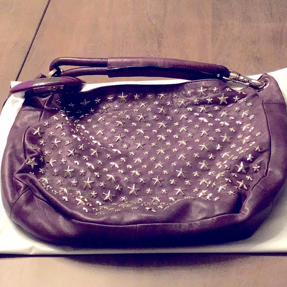 Jimmy Choo Purple Leather Large Star Studded All-Over Hobo Shoulder Purse Bag